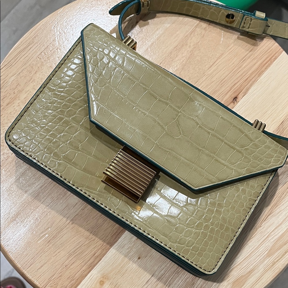 Charles & Keith Olive Crocodile-Embossed Crossbody Bag